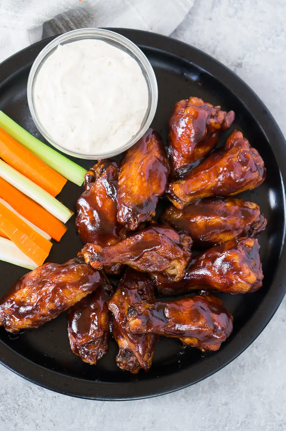 BBQ Chicken Wing Recipe with side of carrots, celery and blue cheese